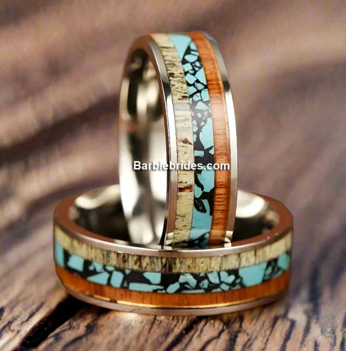 Men's 8mm Titanium Deer Antler Crushed Turquoise Comfort-Fit Wedding Band
