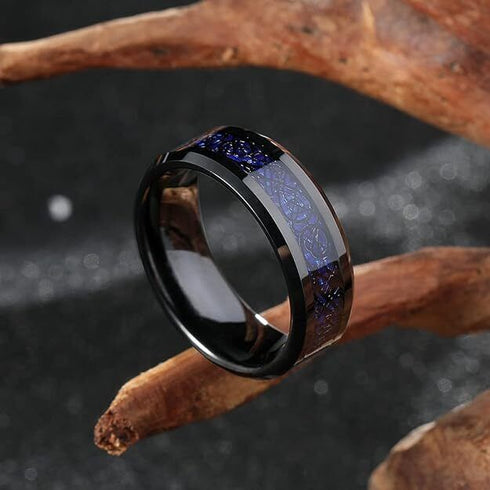 Men's 8mm Beveled Edge Comfort-Fit Blue Celtic Dragon Tungsten Wedding Band Ring