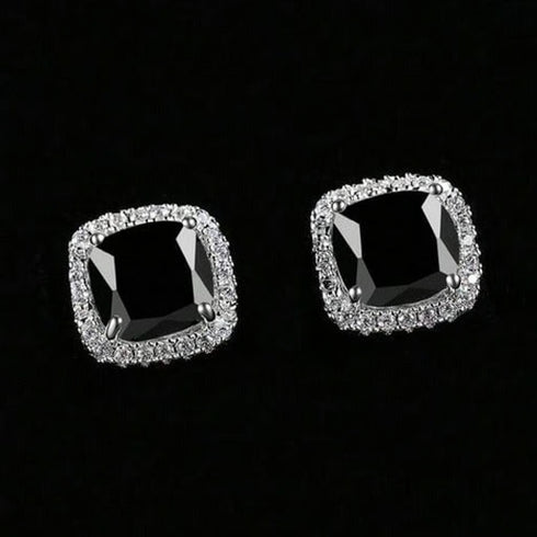 14K Gold Plated Cushion Cut Square Black Onyx Cubic Zirconia Men Women Earrings