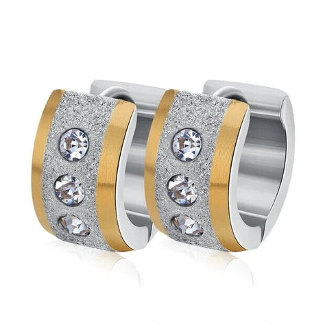 2Tone Titanium Frosted Wide Gold Silver CZ Hypoallergenic Men Women Hoop Earring