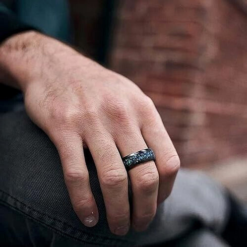 Men's 8mm Black Tungsten Celestial Galaxy Crushed Opal Comfort-Fit Wedding Band