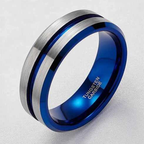 Men 8mm Tungsten Brushed Silver W/Blue Grooved Center Beveled-Edges Wedding Band