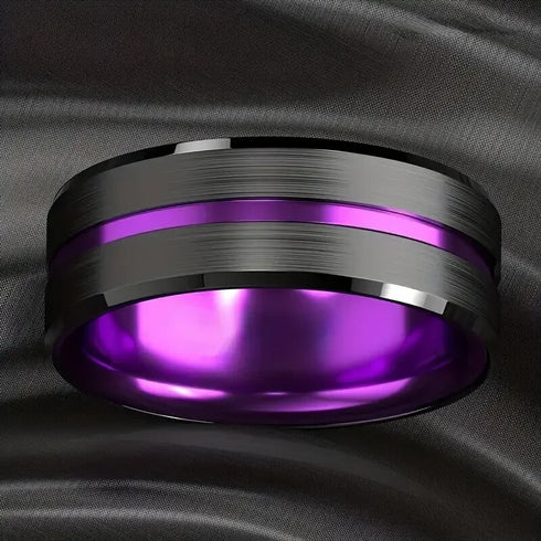 Men 8mm Tungsten Brushed Black Purple Grooved Center Beveled Edges Wedding Band