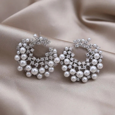 Stunning White Pearl Round 18K White Gold-Plated Cubic Zirconia Women Earrings