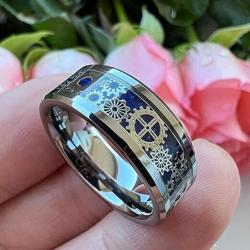 Beveled Edge Mechanical Steampunk Gear Comfort-Fit 8mm Tungsten Wedding Ring