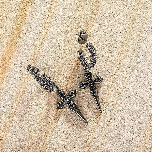 Iced 14K Gold Plated Cross Drop Dangle Black Cubic Zirconia Men Women Earrings