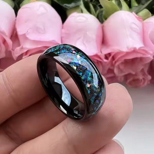 Men's 8mm Black Tungsten Celestial Galaxy Crushed Opal Comfort-Fit Wedding Band