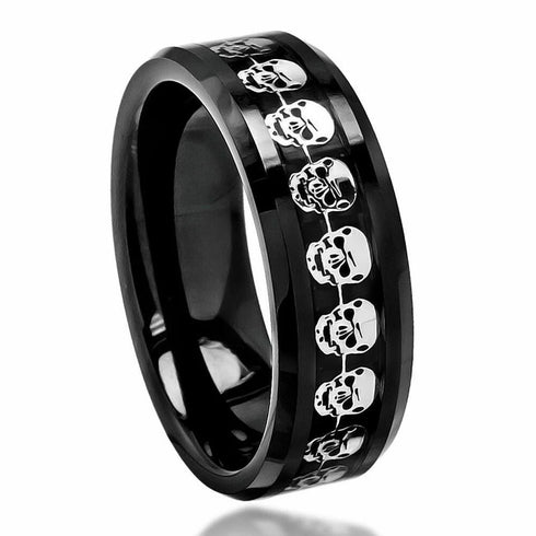 Men 8mm Titanium Black/Blue Laser Skull Carbon Fiber/Matte Black CZ Wedding Band