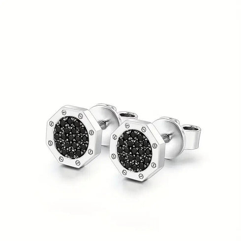 Octagon Micro Pave 14K White Gold Plated Cubic Zirconia Men's Stud Earrings