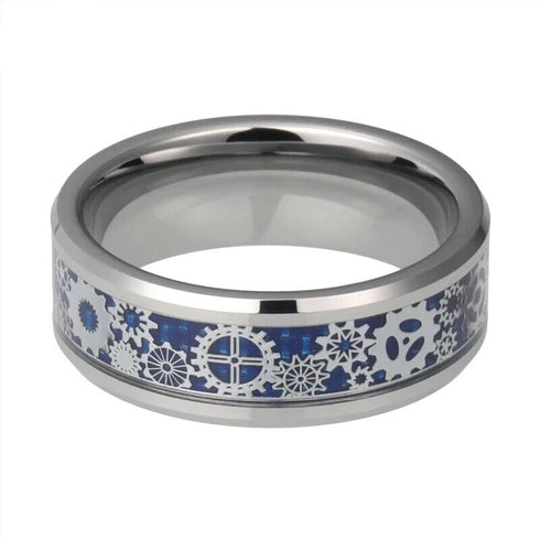 Men 8mm Tungsten Blue Carbon Fiber Steampunk Gear Inlay Comfort-Fit Wedding Ring