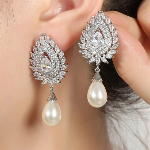 Luxury White Pearl Teardrop 18K White Gold-Plated Cubic Zirconia Bridal Earrings