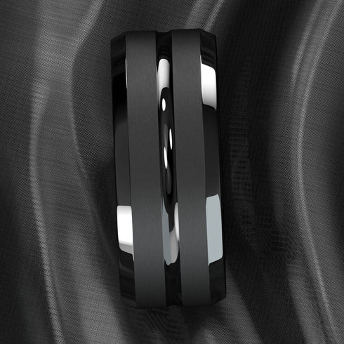 Men's Classic 8mm Tungsten Comfort Fit Black Brushed Centre Groove Wedding Band