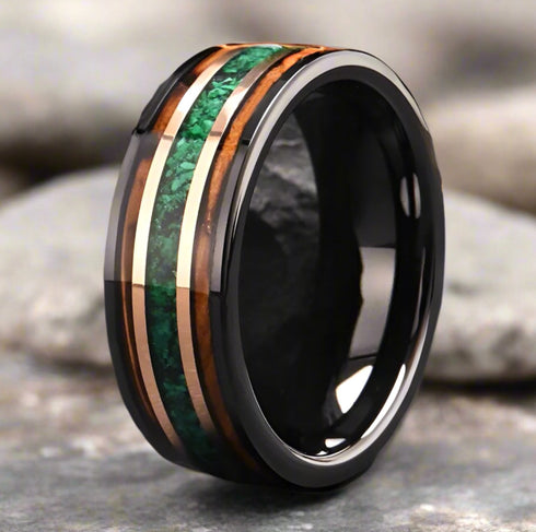 Men 8mm Black Tungsten Burnt Whiskey Barrel Malachite Comfort-Fit Wedding Band