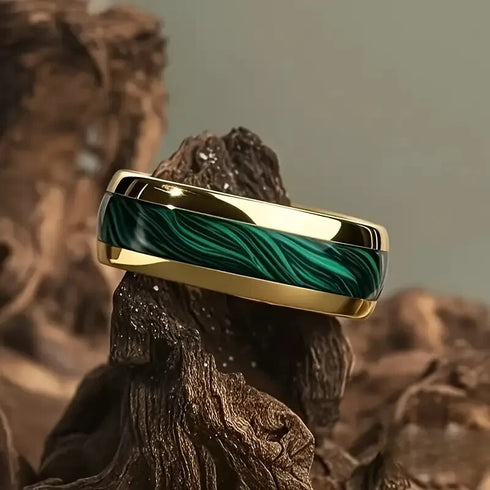 Men's 8mm Titanium Gold Fabricated Malachite Inlay Comfort-Fit Wedding Band