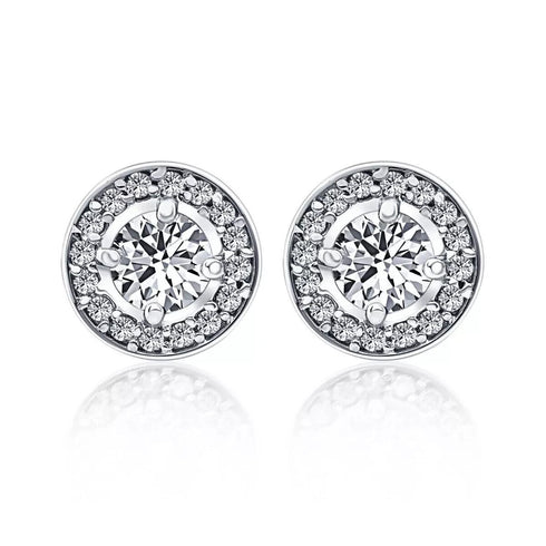 18k White Gold Plated Large CZ Center Stone Brilliant Cut Halo Stud Earrings