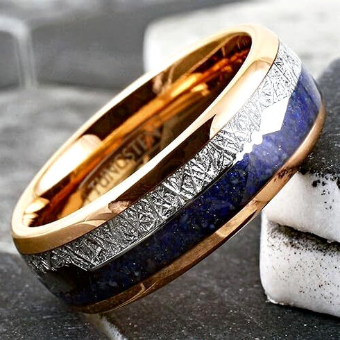 Men's 8mm Rose Gold Tungsten Blue Lapis Lazuli & Meteorite Inspired Wedding Band