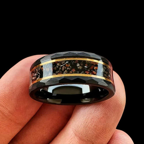 Men's 8mm Tungsten Dinosaur Bone & Meteorite Hammered Comfort-Fit Wedding Band