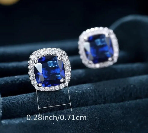 14K White Gold Plated Cushion Cut Square Blue Cubic Zirconia Men Women Earrings