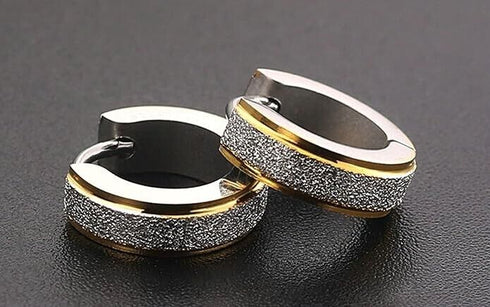 2Tone Titanium Frosted Gold Silver Hypoallergenic Men Women Huggie Hoop Earrings
