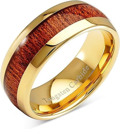 Men's 8mm Tungsten Yellow Gold Hawaii Koa Wood Comfort-Fit Polished Wedding Band