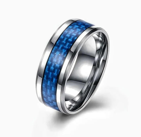 Men 8mm Tungsten Beveled-Edges Blue Carbon Fiber Inlay Comfort-Fit Wedding Band