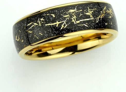 Men's 8mm Titanium Yellow Gold Leaf & Black Sandstone Comfort-Fit Wedding Band