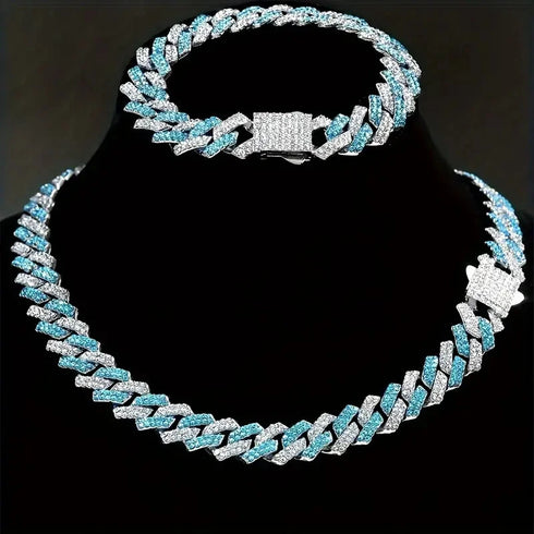 2Pc FULLY ICED 14K White Gold Plated CZ Miami Cuban Link Chain Necklace & Bracelet