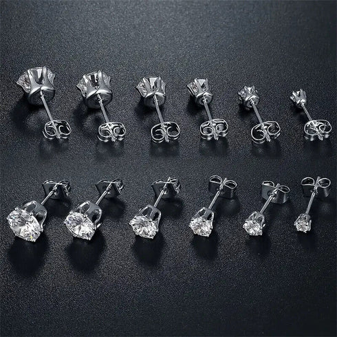 6Pair Surgical Steel Cubic Zircon 3/4/5/6/7/8mm Solitaire Men Women Stud Earring