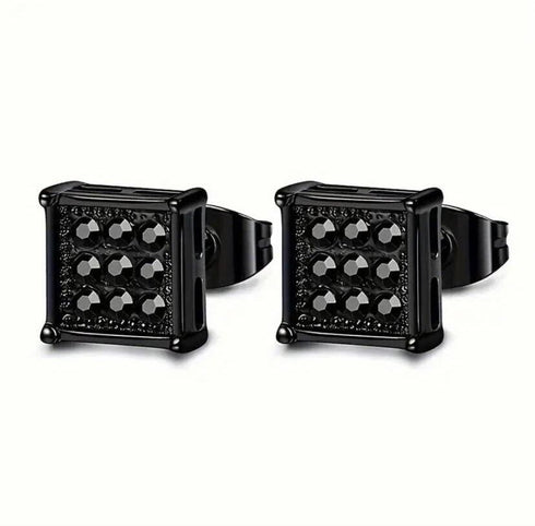 2 Pairs Titanium Steel Black Square CZ Stud & Flat Round Stud Men Women Earrings