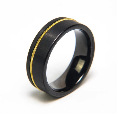 Men 8mm Black Brushed Tungsten Light Gold Guitar String Comfort-Fit Wedding Band