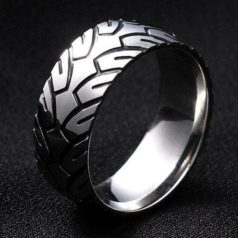 Men 8mm Titanium Motorcycle Tire Tread Pattern & Anodized Inlays Non-Fading Band