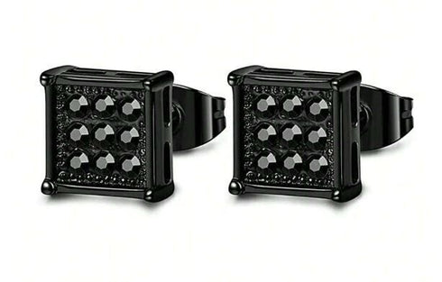 2 Pairs Titanium Steel Black Square CZ Stud & Flat Round Stud Men Women Earrings