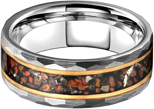 Men's 8mm Tungsten Dinosaur Bone & Meteorite Hammered Comfort-Fit Wedding Band