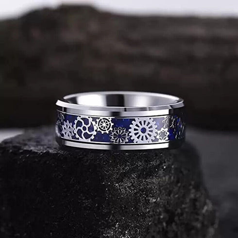 Men 8mm Tungsten Blue Carbon Fiber Steampunk Gear Inlay Comfort-Fit Wedding Ring