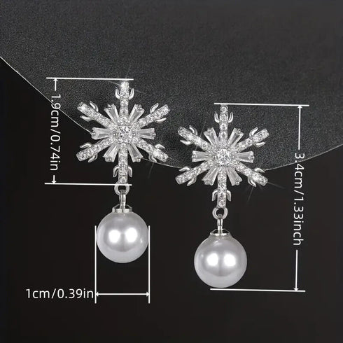 Stunning White Pearl Snowflake 18K White Gold-Plated Cubic Zirconia Earrings