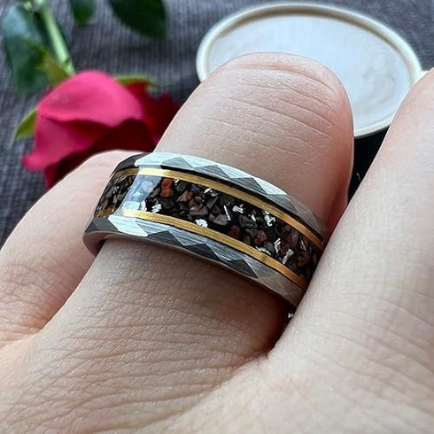 Men's 8mm Tungsten Dinosaur Bone & Meteorite Hammered Comfort-Fit Wedding Band