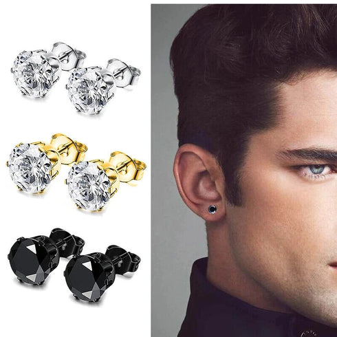 3Pairs Stunning 14k Gold Plated Solitaire Round Cubic Zirconia 6mm Stud Earrings