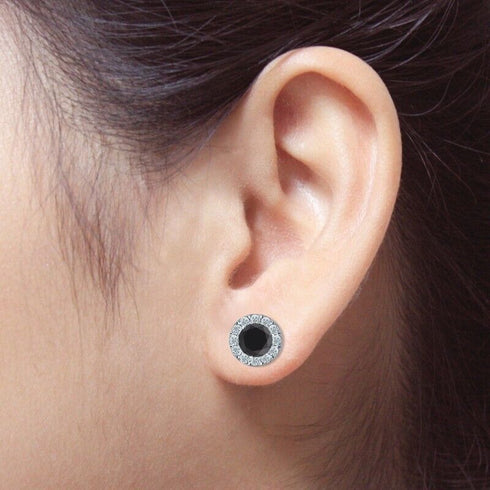 Paved Round Cut Black & White 18K White Gold Plated CZ Men & Women Stud Earrings