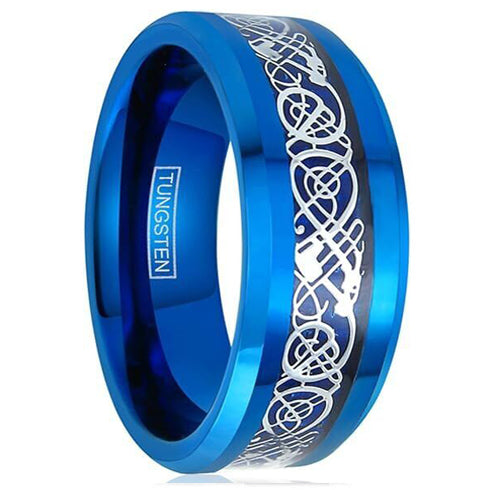 Men 8mm Beveled Edge Comfort-Fit Blue Silver Celtic Dragon Tungsten Wedding Band