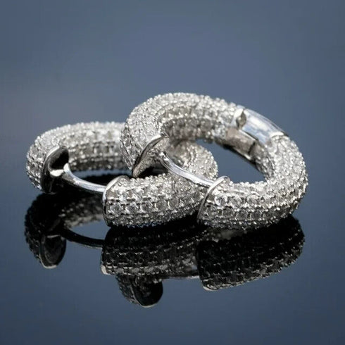 Fully Iced 18K White Gold Plated 3Row Honey Comb Zirconia Men Women Hoop Earring