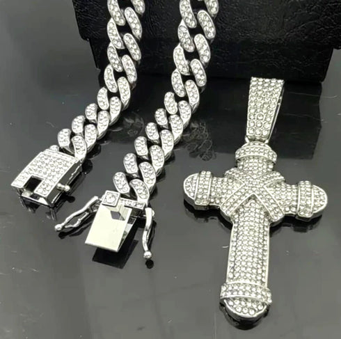 Iced Out Bling 14K White Gold Plated CZ Miami Cuban Chain Cross Pendant Necklace