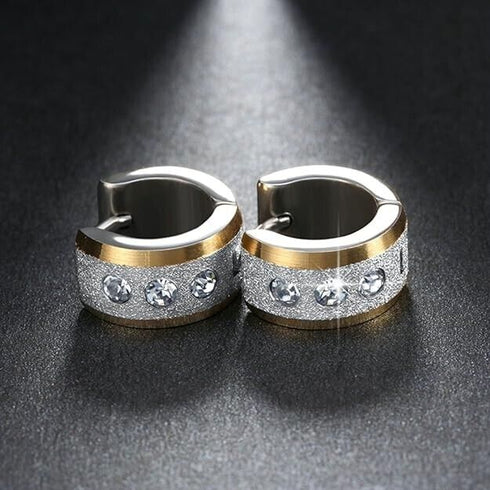 2Tone Titanium Frosted Wide Gold Silver CZ Hypoallergenic Men Women Hoop Earring