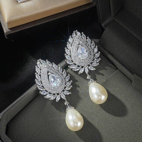 Luxury White Pearl Teardrop 18K White Gold-Plated Cubic Zirconia Bridal Earrings