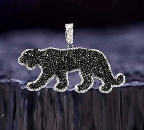 Iced Out 14K Gold Plated Cubic Zirconia Black Jaguar Panther Pendant Necklace