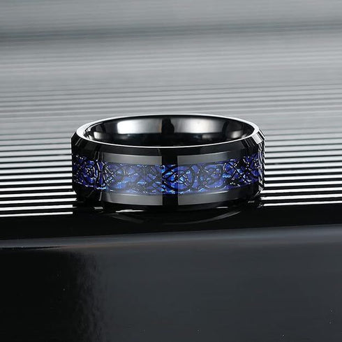 Men's 8mm Beveled Edge Comfort-Fit Blue Celtic Dragon Tungsten Wedding Band Ring
