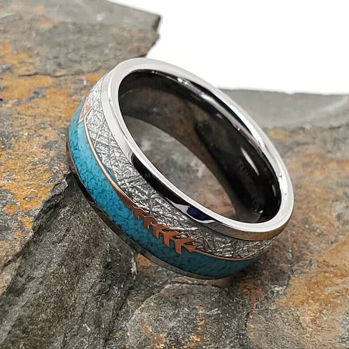 Men's 8mm Tungsten Cupid's Arrow Turquoise Meteorite Inspired Comfort-Fit Band