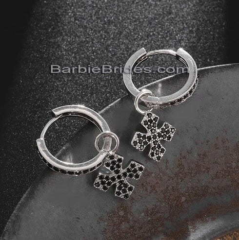 Paved 14K White Gold Plated Black Cubic Zirconia Men Women Cross Dangle Earrings