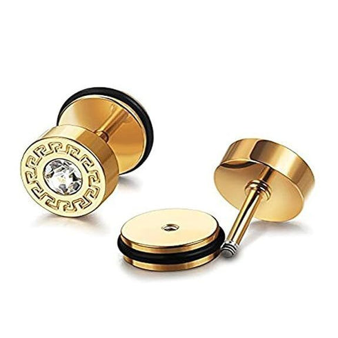316L Surgical Steel Round Greek Pattern CZ Barbell Men & Women Stud Earrings