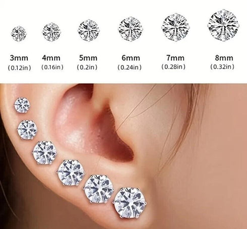 6Pair Surgical Steel Cubic Zircon 3/4/5/6/7/8mm Solitaire Men Women Stud Earring