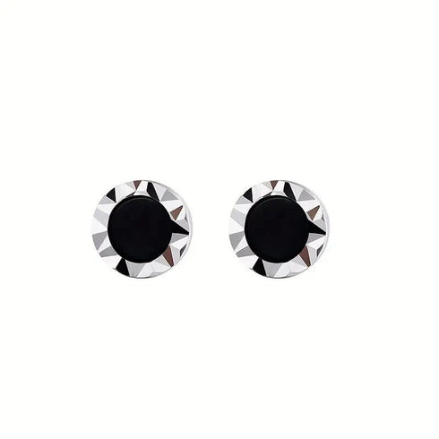 Round Black Silver Agate Stud Men & Women Trendy Retro Earrings